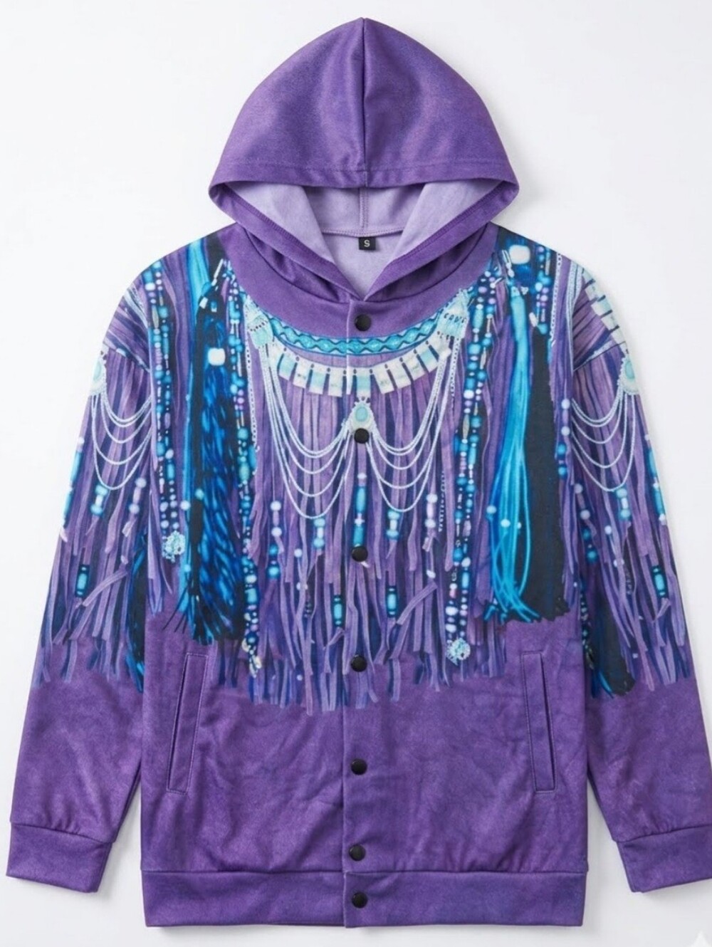 Purple & Blue Hooded Jacket with Beaded Fringe Print Button Up